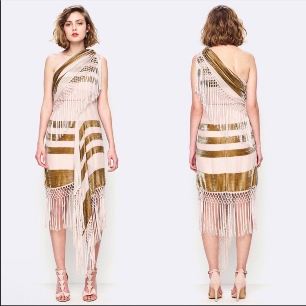 Alice McCall Champagne for Her Fringe One Shoulder Metallic Silk Midi Dress US 8
